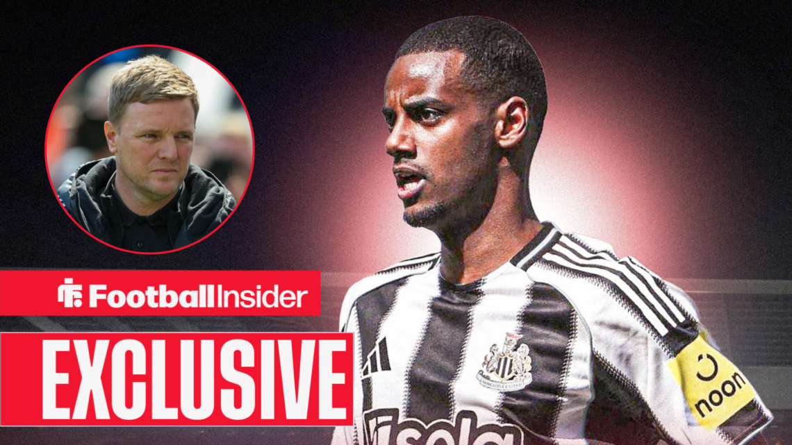 Alexander Isak playing for Newcastle with Eddie Howe in a circular inset