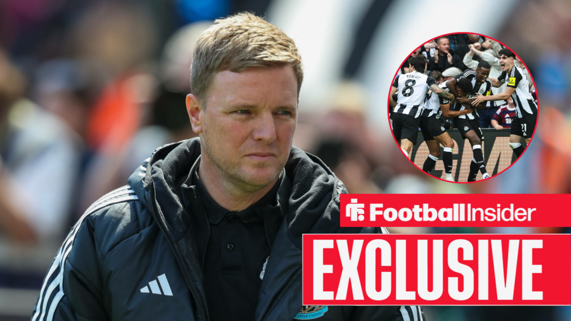 Eddie Howe looks on from the St. James' Park touchline with Newcastle United players included in a circular inset