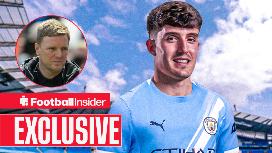 Tino Livramento in a Manchester City kit with Eddie Howe included in a circular inset