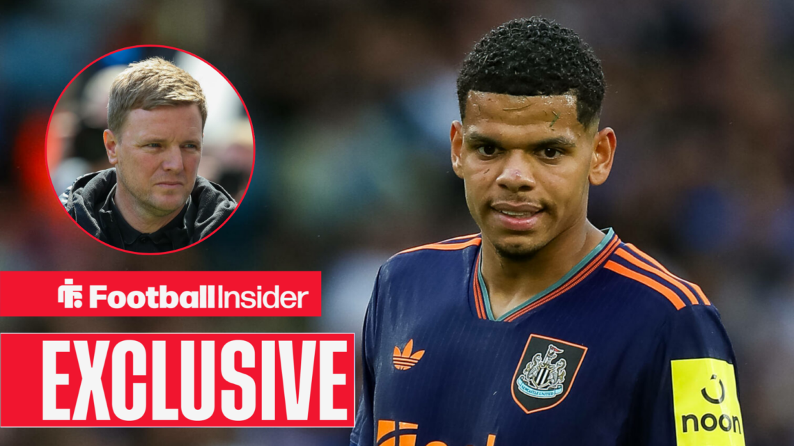 Will Osula in action for Newcastle with Eddie Howe in a circular inset