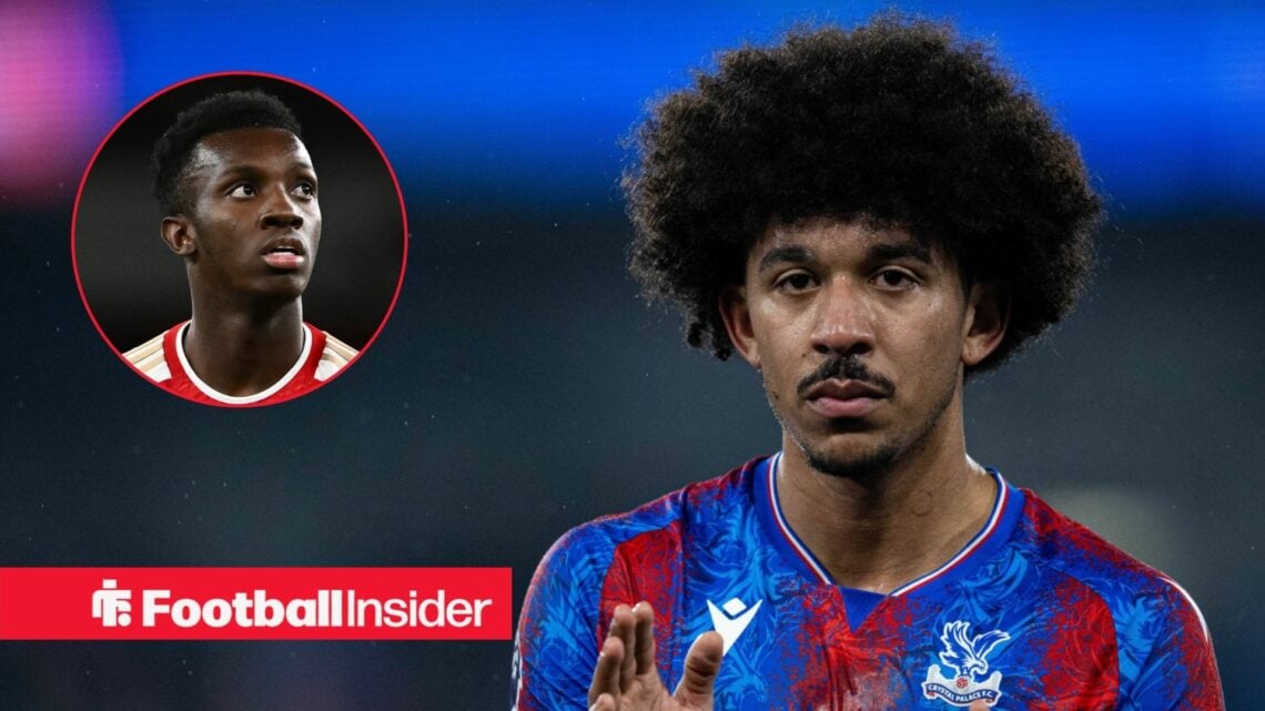 Chris Richards applauds after a Crystal Palace match with Eddie Nketiah in a circular inset