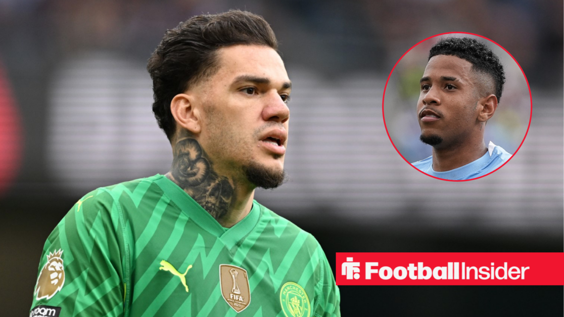 Ederson in action for Manchester City with Savinho in a circular inset