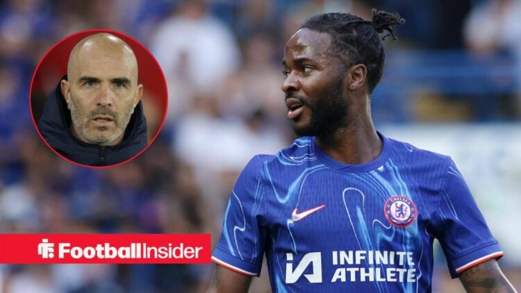 Raheem Sterling playing for Chelsea with Enzo Maresca included in a circular inset