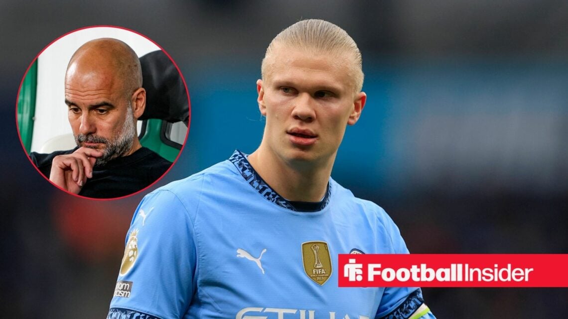 Erling Haaland in a Manchester City shirt with Pep Guadiola inset