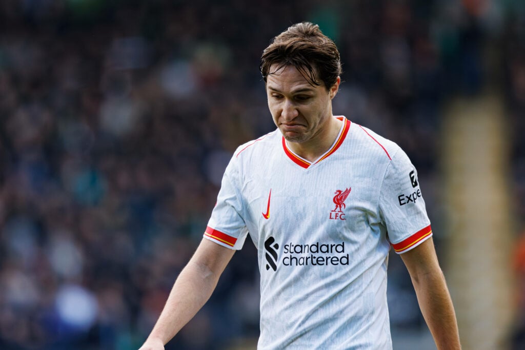 Federico Chiesa in away Liverpool kit looking frustrated