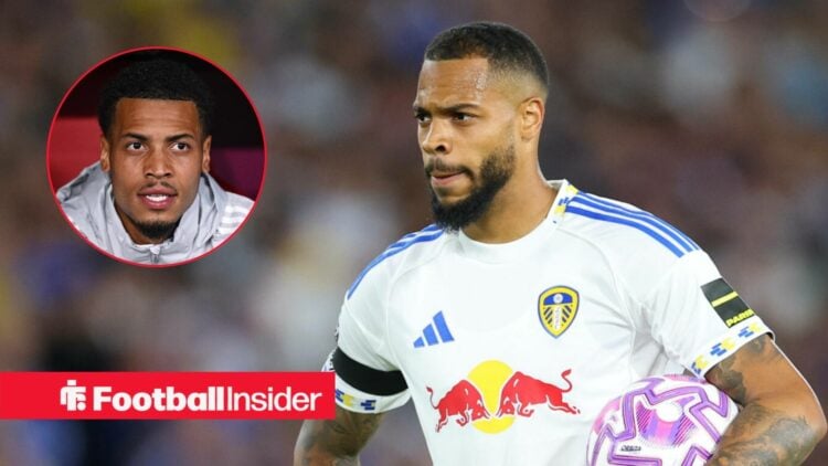 Lukas Nmecha playing for Leeds United with Felix Nmecha included in a circular inset
