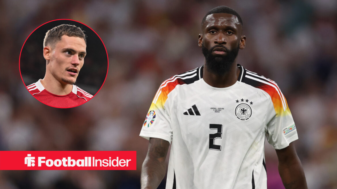 Antonio Rudiger playing for Germany with Florian Wirtz in a circular inset
