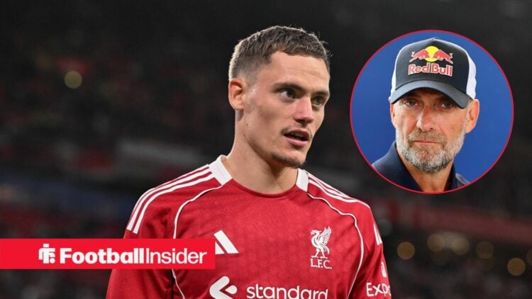 Florian Wirtz in action for Liverpool with Jurgen Klopp inset