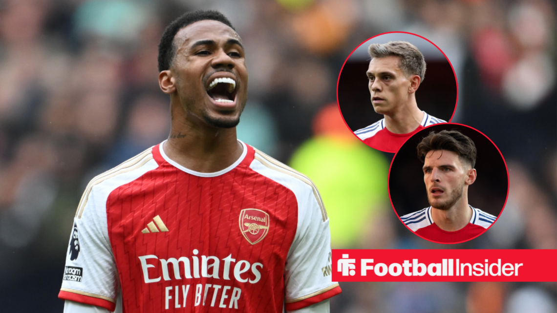 Gabriel Magalhaes plays for Arsenal with Leandro Trossard and Declan Rice included in circular insets