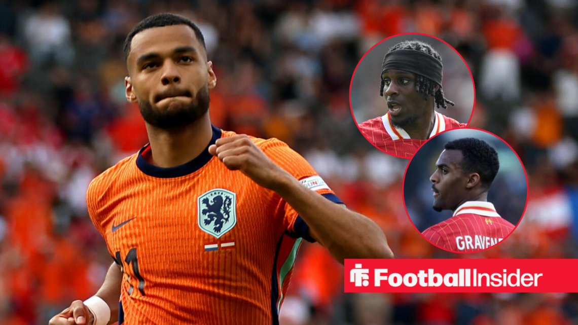 Cody Gakpo celebrates a goal for the Netherlands with Jeremie Frimpong and Ryan Gravenberch in circular insets