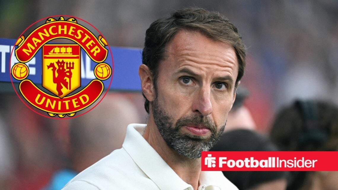 Gareth Southgate watches the England national team from the sidelines with Manchester United club badge inset