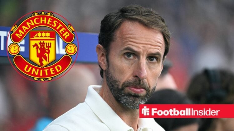 Gareth Southgate watches the England national team from the sidelines with Manchester United club badge inset