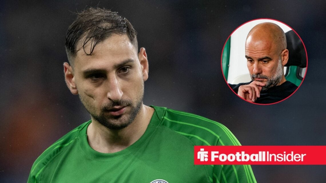 Gianluigi Donnarumma in action for PSG with Pep Guardiola included in a circular inset