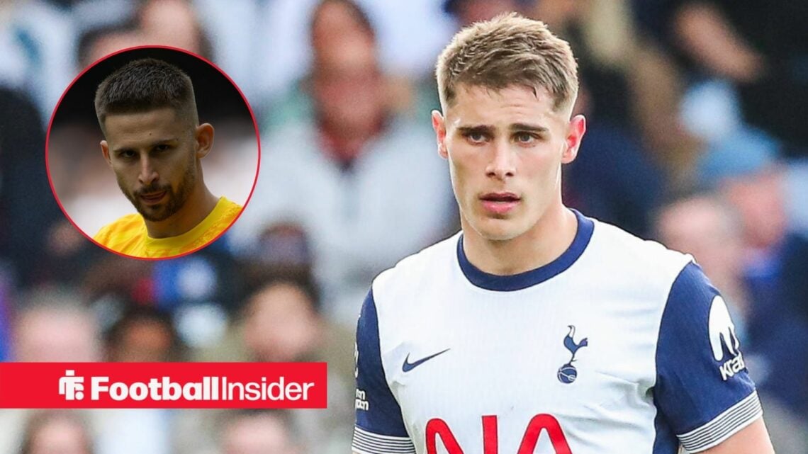 Micky van de Ven playing for Tottenham with Guglielmo Vicario in a circular inset