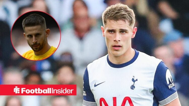 Micky van de Ven playing for Tottenham with Guglielmo Vicario in a circular inset