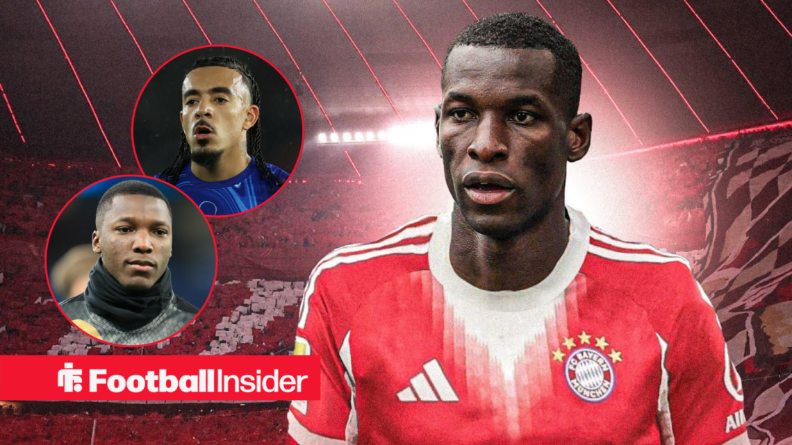 Nicolas Jackson in a Bayern Munich home kit with Moises Caicedo and Malo Gusto included in circular insets