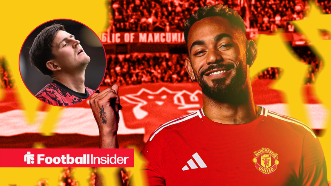 Matheus Cunha in Man United's home shirt with Harry Maguire included in a circular inset