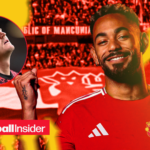 Matheus Cunha in Man United's home shirt with Harry Maguire included in a circular inset