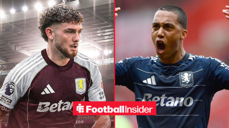 Harvey Elliott in Aston Villa's home kit with Youri Tielemans in action away from Villa Park