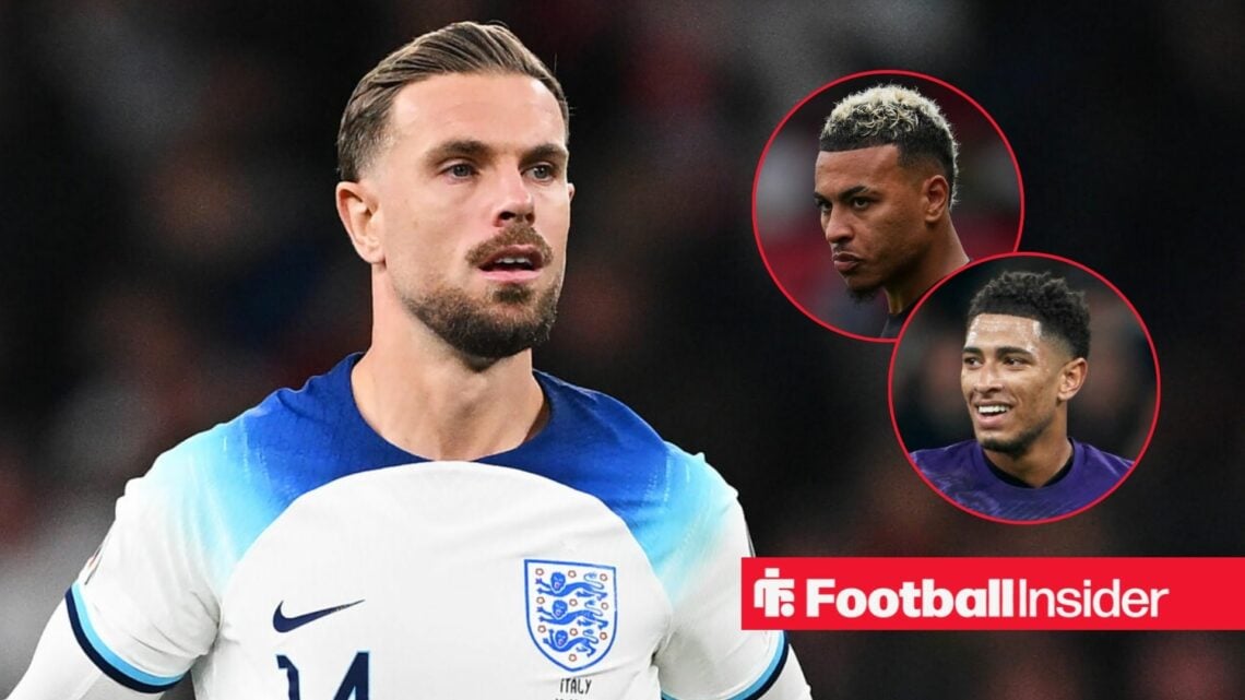 Jordan Henderson plays for England with Jude Bellingham and Morgan Rogers in circular insets