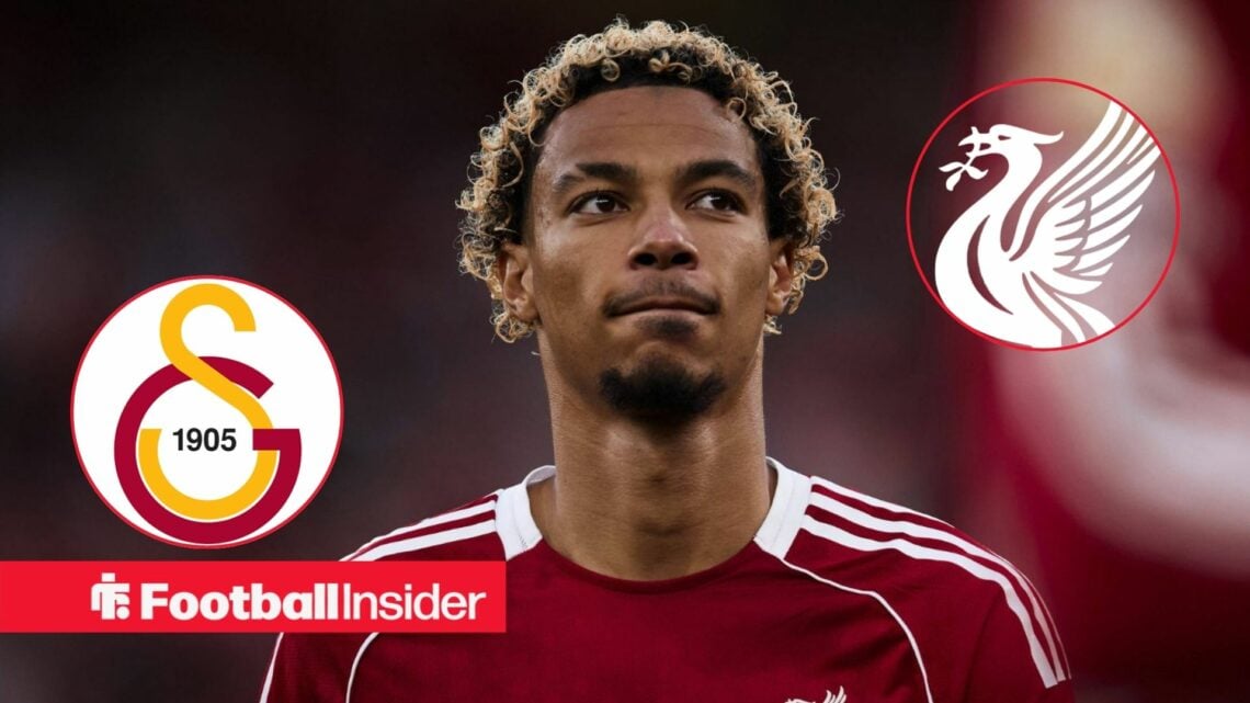 Hugo Ekitike in action for Liverpool with Galatasaray and Liverpool club badge insets