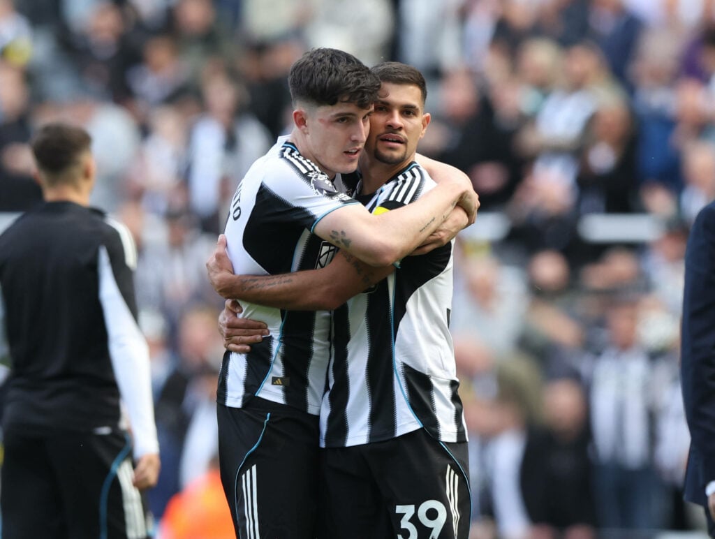 Bruno Guimaraes and Tino Livramento celebrate a goal for Newcastle United