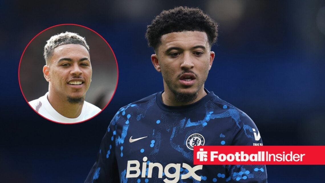 Jadon Sancho in action for Chelsea with Morgan Rogers inset