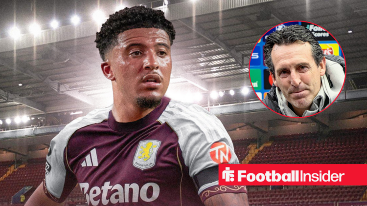 Jadon Sancho in Aston Villa's home kit with Unai Emery in a circular inset
