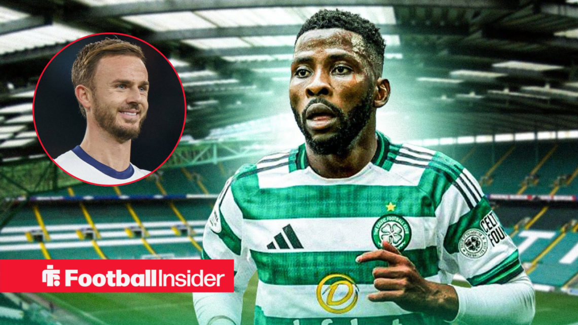Kelechi Iheanacho in a Celtic home shirt with James Maddison in a circular inset