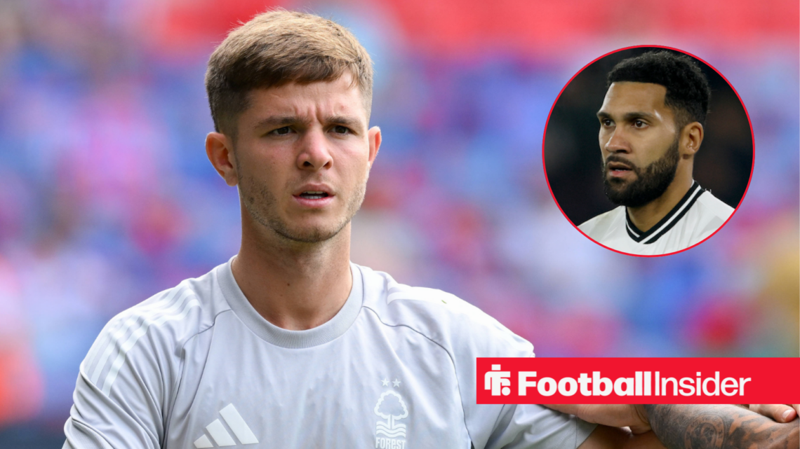 James McAtee warming up for Nottingham Forest with Wes Foderingham in a circular inset