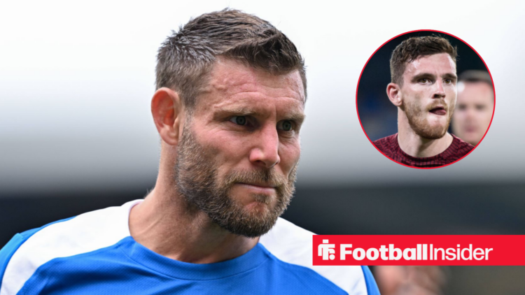 James Milner warming up for Brighton with Andy Robertson included in a circular inset