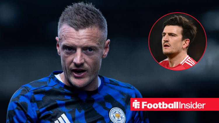 Jamie Vardy warming up for Leicester with Harry Maguire in a circular inset