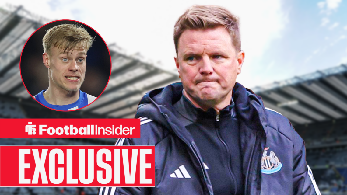 Eddie Howe looks on from the St. James' Park touchline with Jan Paul van Hecke included in a circular inset