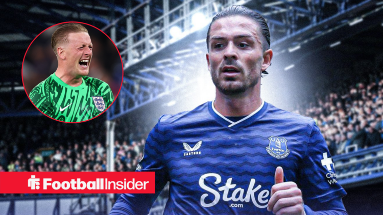 Jack Grealish in Everton home shirt with Jordan Pickford included in a circular inset