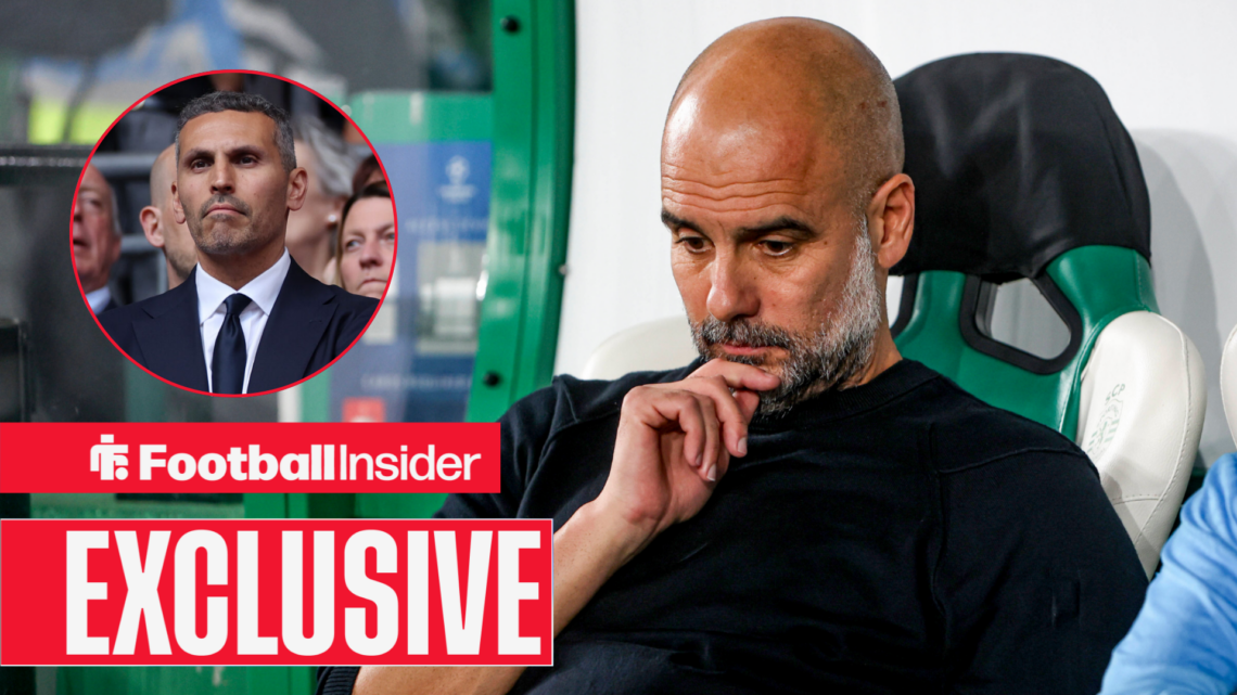Pep Guardiola ponders in the Man City dugout with Khaldoon Al Mubarak in a circular inset
