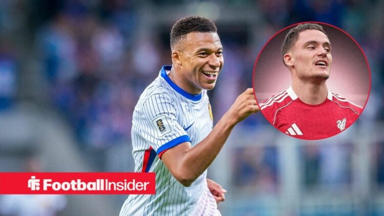 Kylian Mbappe in action for France national team with Florian Wirtz inset