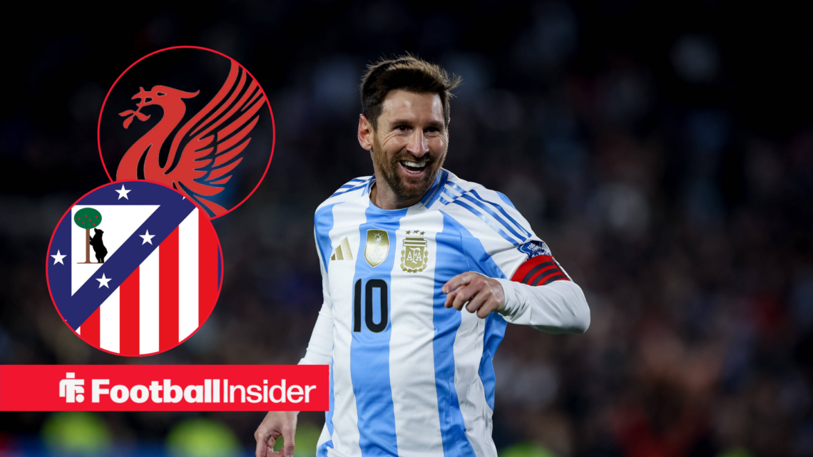 Lionel Messi in action for Argentina with Liverpool and Atletico Madrid club badge insets