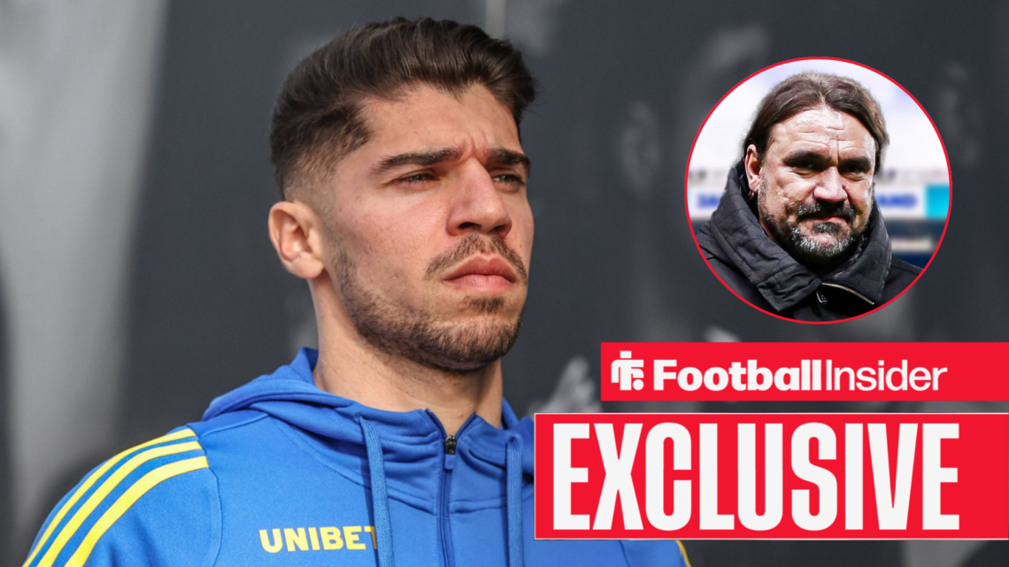 Manor Solomon pre-match for Leeds United with Daniel Farke in a circular inset