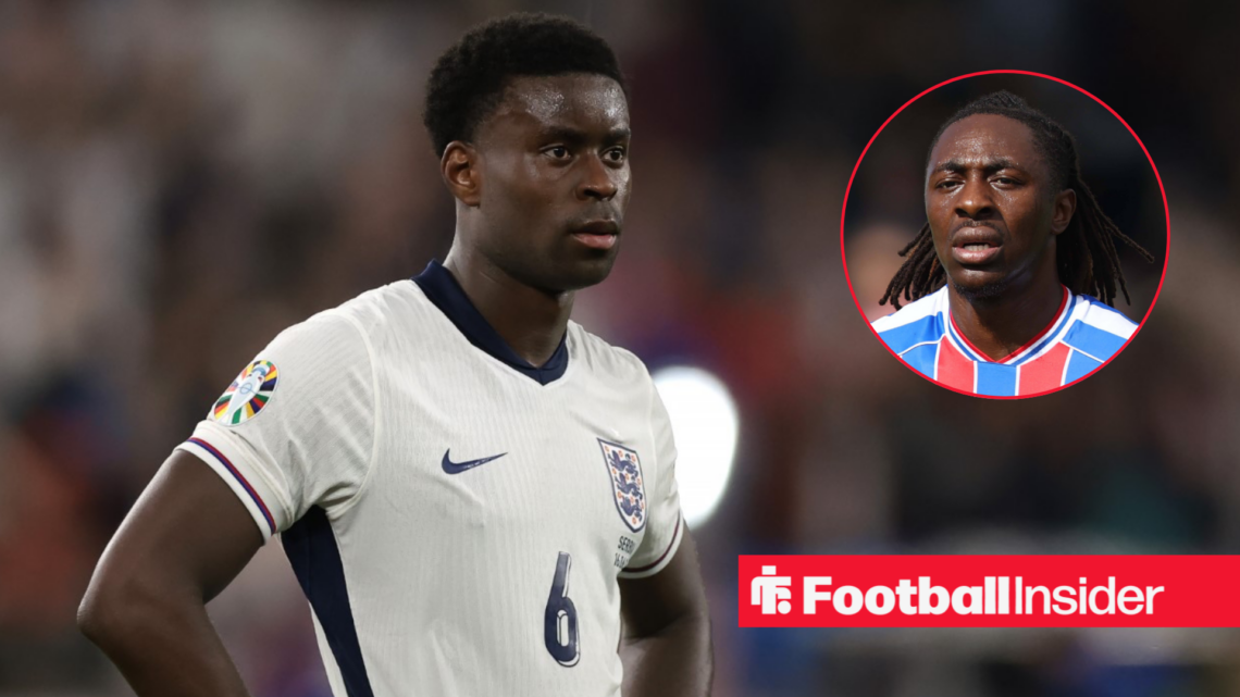 Marc Guehi in action for England with Eberechi Eze in a circular inset