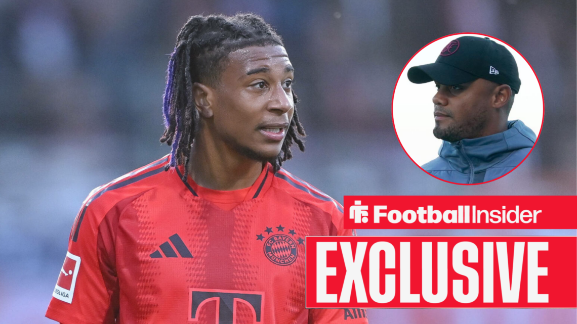 Michael Olise playing for Bayern Munich with Vincent Kompany in a circular inset