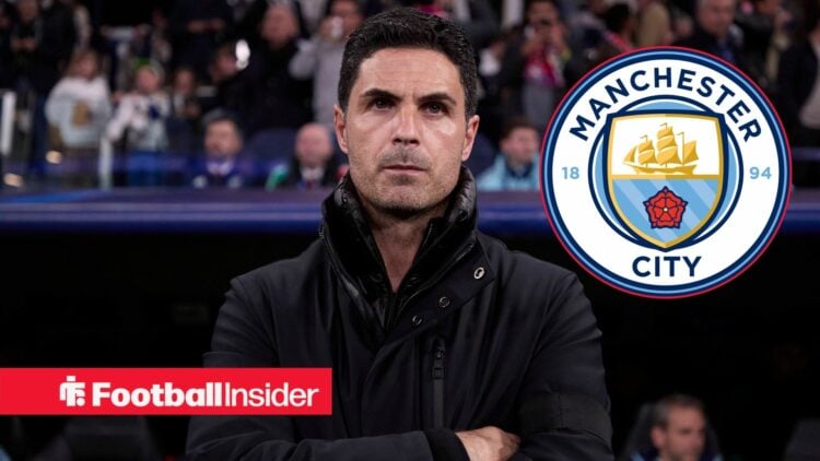 Mikel Arteta with Manchester City club badge as inset