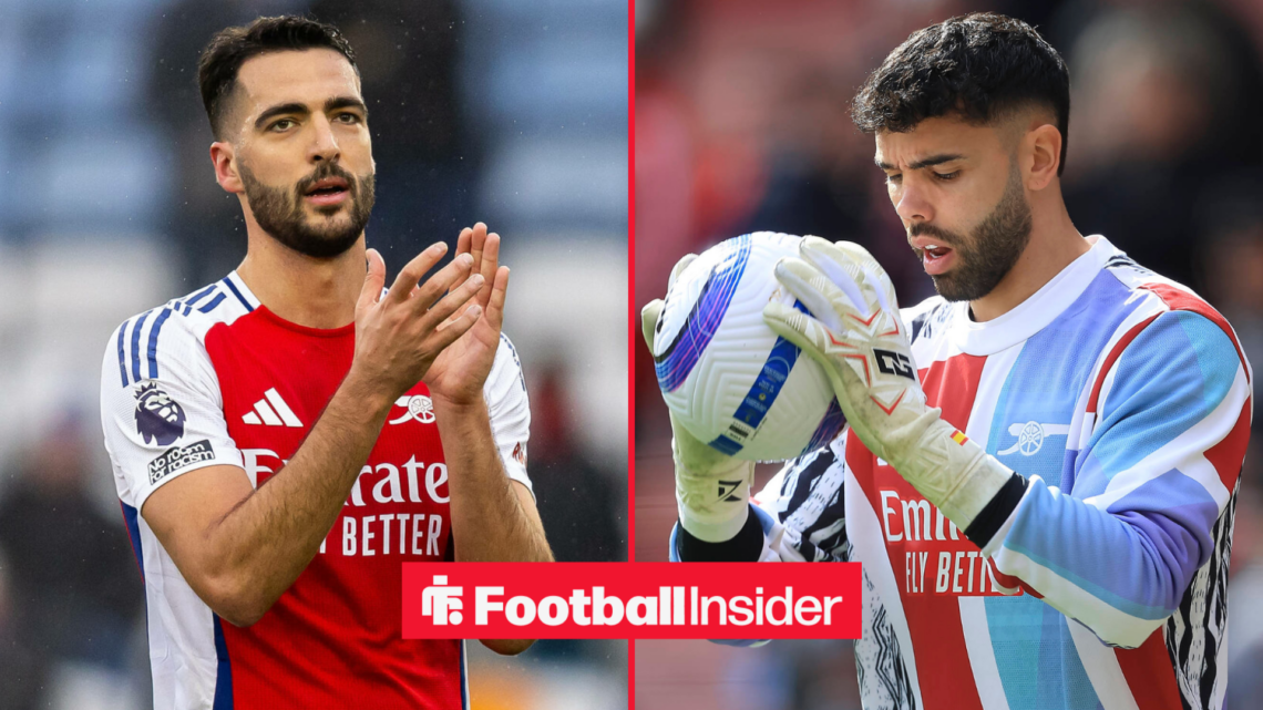 Mikel Merino applauding post-match at Arsenal with David Raya warming up in their training kit