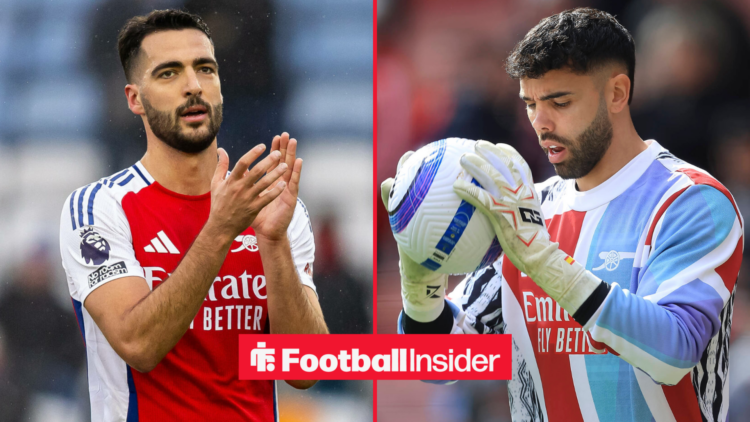 Mikel Merino applauding post-match at Arsenal with David Raya warming up in their training kit