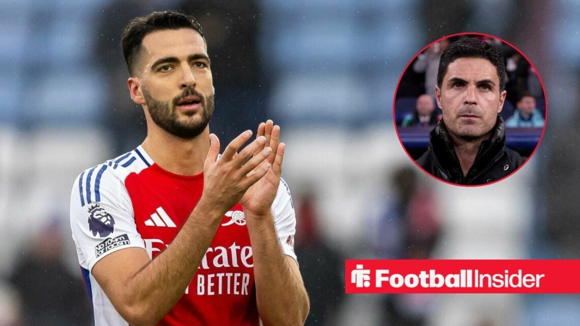 Mikel Merino post-match for Arsenal with Mikel Arteta in a circular inset