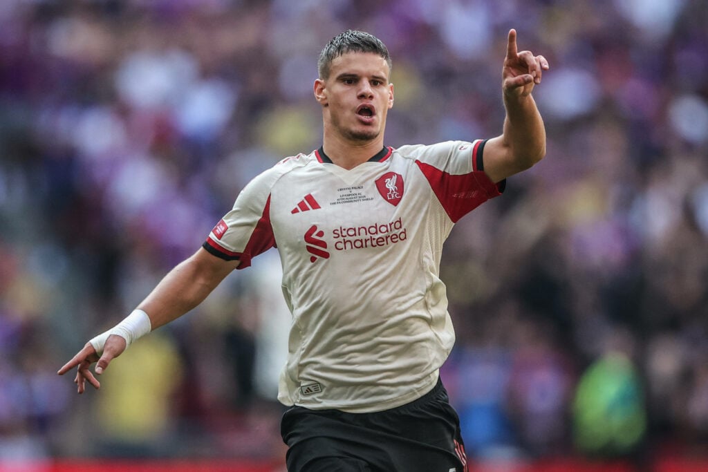 Milos Kerkez in action for Liverpool.