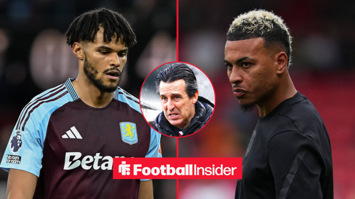 Tyrone Mings and Morgan Rogers in respective action for Aston Villa with Unai Emery in a circular inset