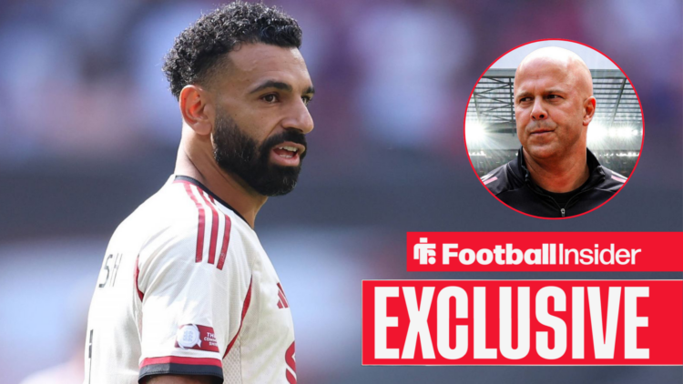 Mohamed Salah in action for Liverpool with Arne Slot in a circular inset