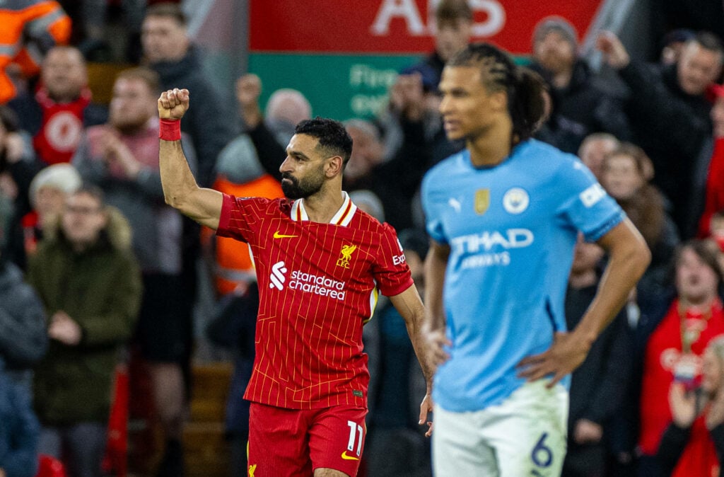 Mo Salah celebrating scoring for Liverpool.