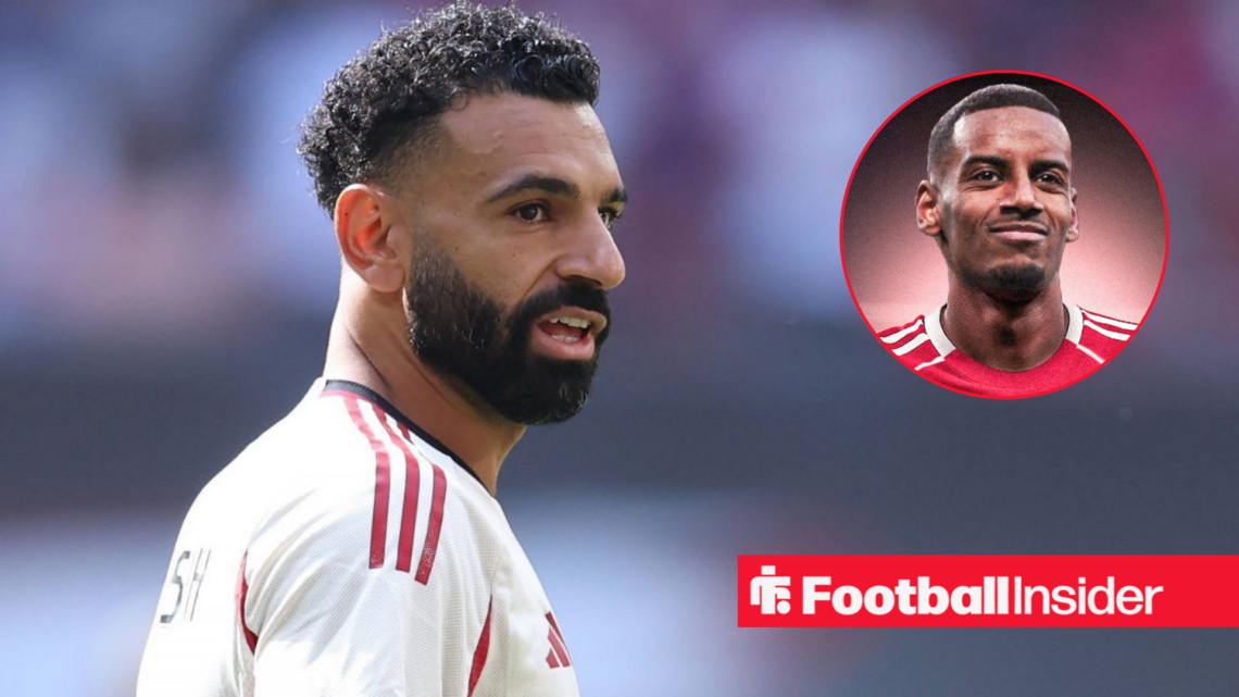 Mohamed Salah in action for Liverpool with Alexander Isak included in a circular inset