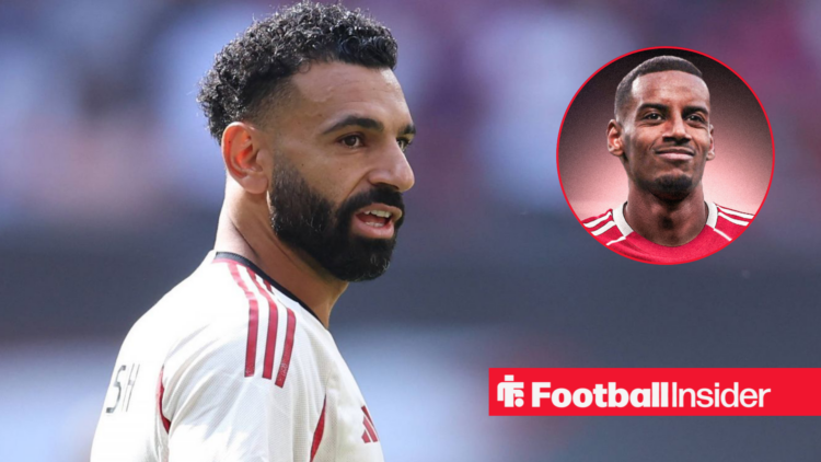 Mohamed Salah in action for Liverpool with Alexander Isak included in a circular inset